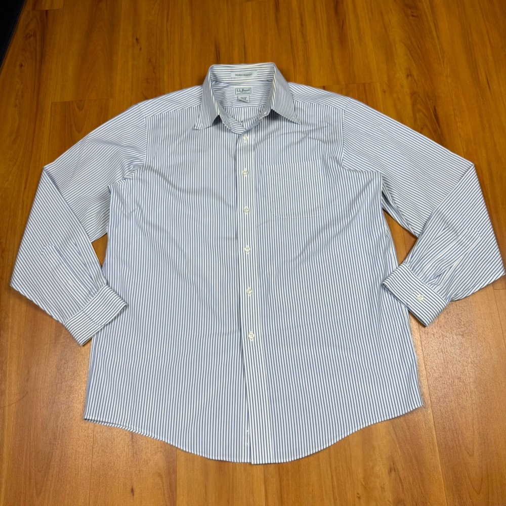 LL Bean Mens Blue-W Striped Wrinkle Resistant Cotton Button Down Shirt 15.5-34